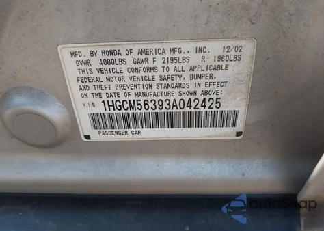 2003 Honda Accord 2.4 Lx из США, поврежденный, VIN 1HGCM56393A042425